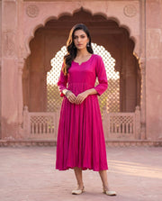 Magenta Pink Gathered Flared Ethnic Midi Dress 2