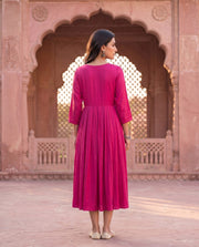 Magenta Pink Gathered Flared Ethnic Midi Dress 3