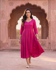 Magenta Pink Gathered Flared Ethnic Midi Dress 1
