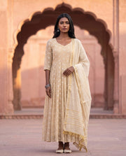 Beige Anarkali Set With White Floral Embroidery 2