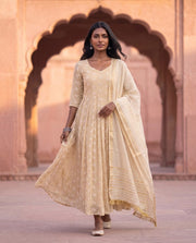 Beige Anarkali Set With White Floral Embroidery 1