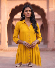 Mustard Yellow Tiered Collared Shirt Dress 4