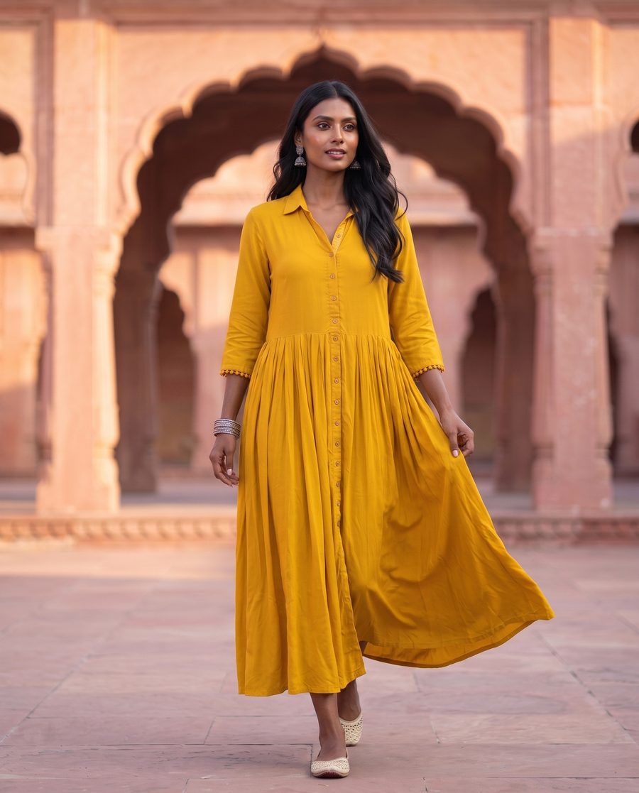 Mustard Yellow Tiered Collared Shirt Dress