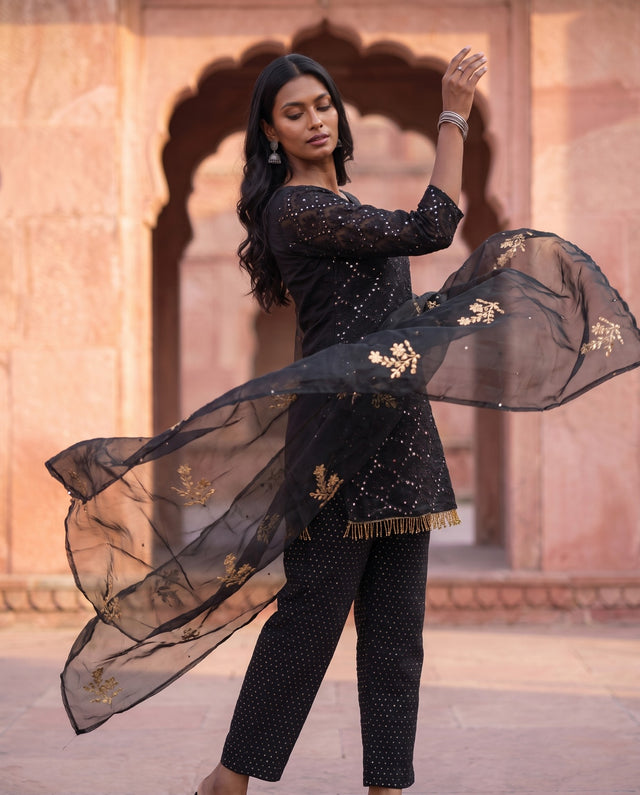 Black Mirror Gold Straight Set — kurta set, view 2 — Gulabo Jaipur