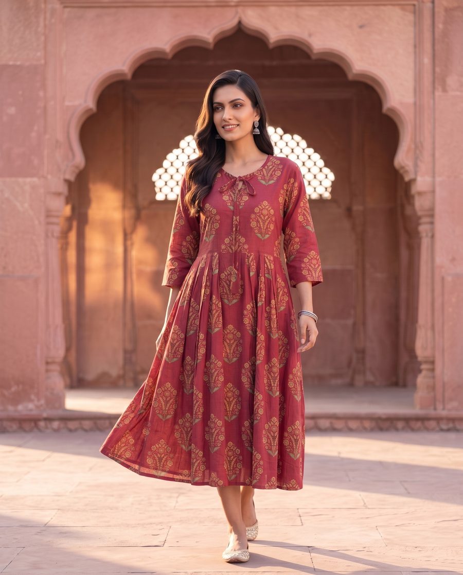 Rani Red Hand Block Print Midi Dress