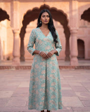 Aqua Floral Print A-line Flared Midi Dress 2