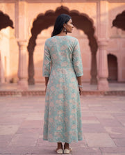Aqua Floral Print A-line Flared Midi Dress 3