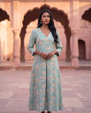 Aqua Floral Print A-line Flared Midi Dress 4