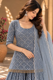 Raatrani Grey Mirror Embroidered Sharara Set With Dupatta - detail close-up