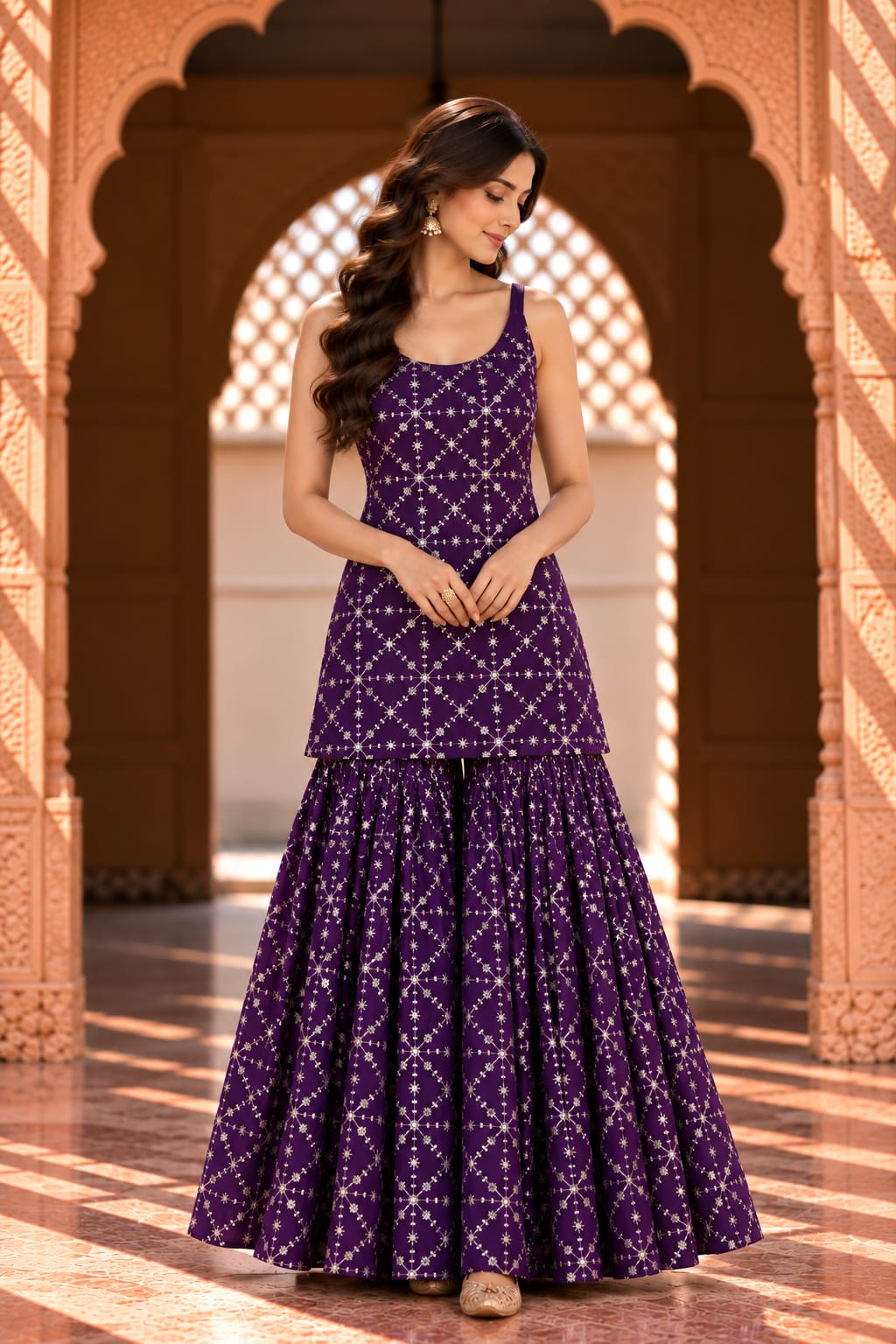 Alina Purple Sleeveless Embroidered Sharara Set - front view