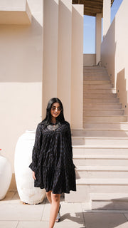 Black Printed Tiered Smock Midi Dress 2