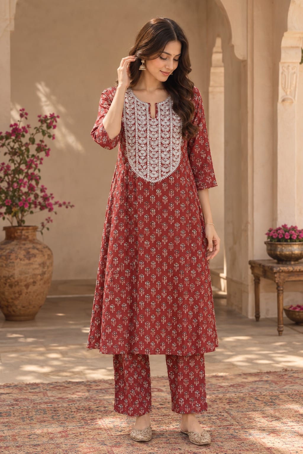 Red Embroidered Neckline A-Line Kurta Set - front view