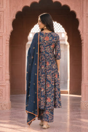 Suki Navy Blue Floral Print Kurta Set With Dupatta - back view