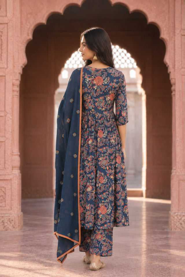Suki Navy Blue Floral Print Kurta Set With Dupatta - back view