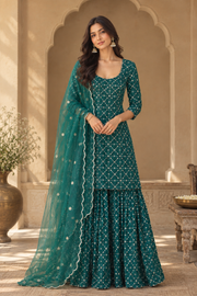 Alina Teal Green Embroidered Sharara Set With Sleeves - front view