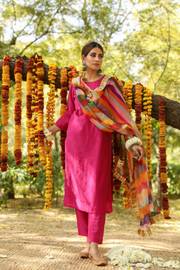 Hema Pink Silk Straight Set With Leheriya Dupatta 2