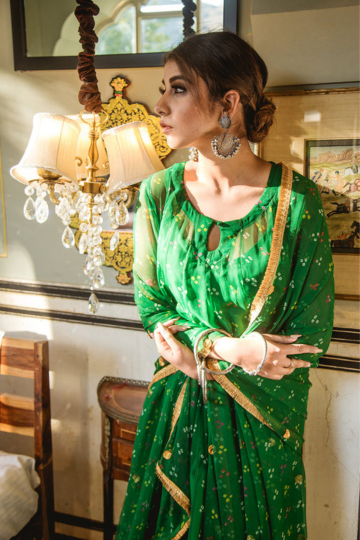 Bhandej Georgette Gomti Green Set with Dupatta