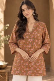 Lotus Brown Floral Print Short Kurti - detail close-up