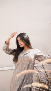 Taupe Paisley Print A-Line Kurta And Pant Set 4