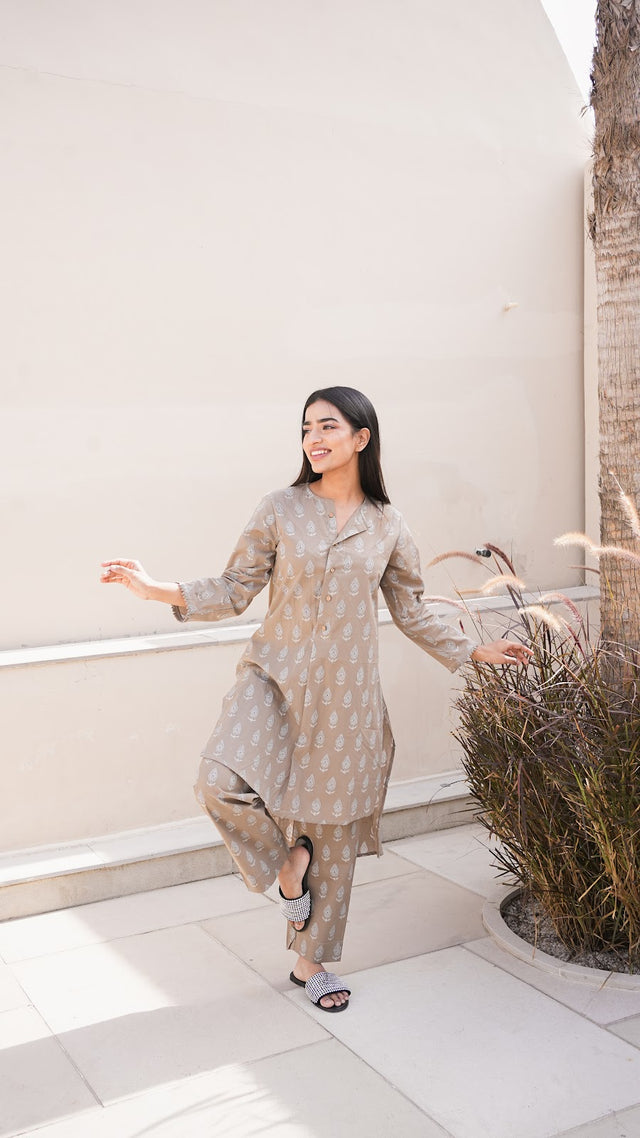 Taupe Paisley Print A-Line Kurta And Pant Set