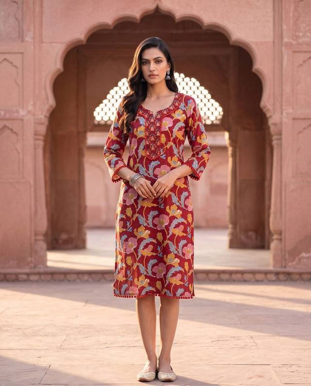 Bhagat Maroon Floral Print Straight Kurta