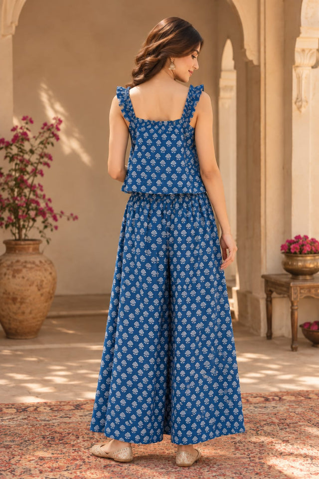 Blue Butti Print Sleeveless Top And Palazzo Co-ord Set - back view