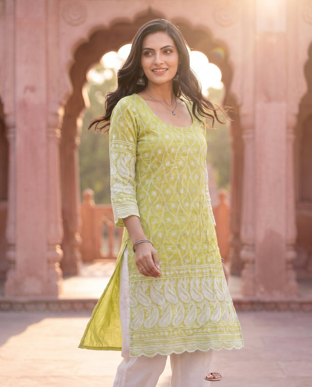 Lime Chikankari Co-ord Set, view 2 — Gulabo Jaipur