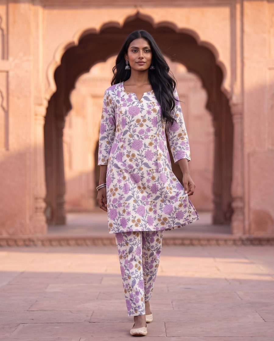 Lavender Floral Print White Co-ord Set
