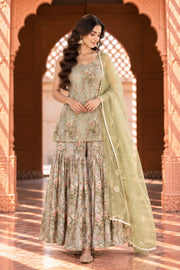 Gifa Pista Green Floral Print Sleeveless Sharara Set - front view