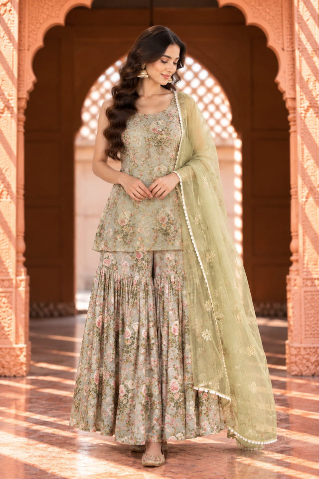 Gifa Pista Green Floral Print Sleeveless Sharara Set - front view