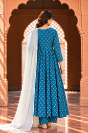 Neckline Blue Butti Print Anarkali Set With Dupatta - back view