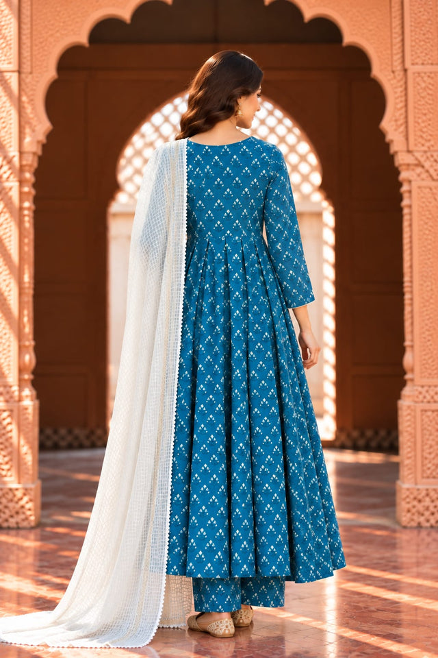 Neckline Blue Butti Print Anarkali Set With Dupatta - back view