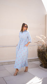 Powder Blue Floral Embroidered Shirt Dress 2
