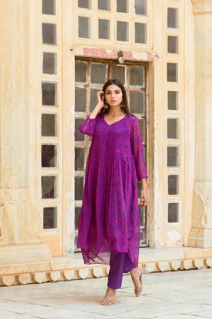 Georgette Rang Purple Leheriya Straight Kurta Set With Dupatta Gulabo Jaipur