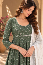 Neckline Pista Green Butti Print Anarkali Set With Dupatta - back view