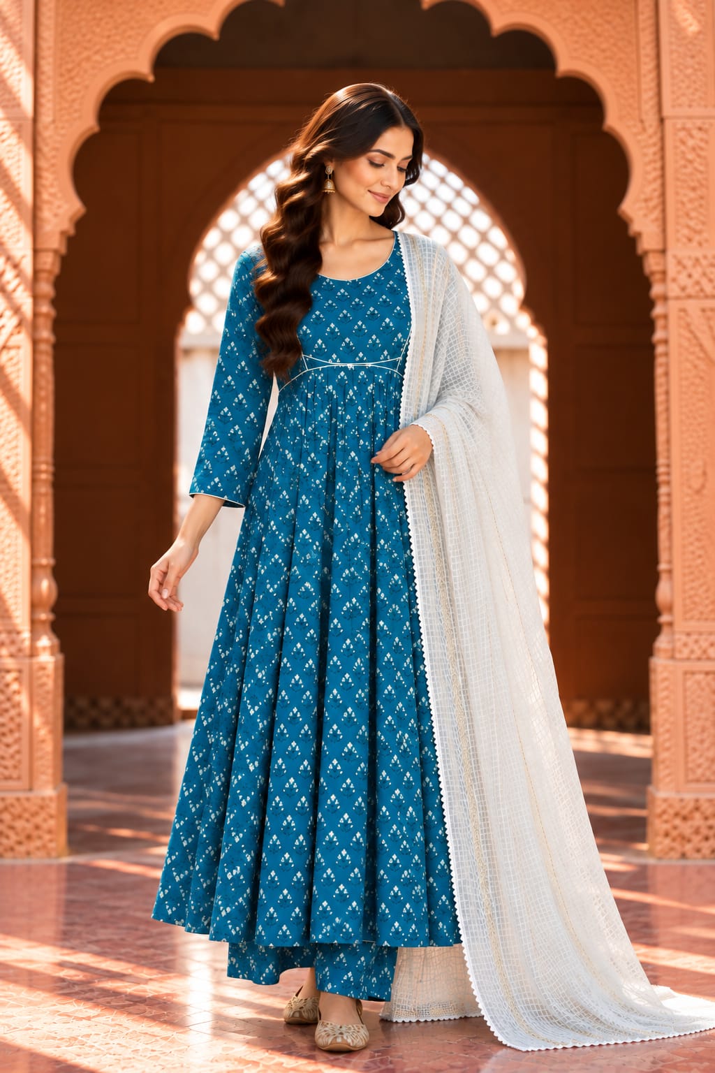 Neckline Blue Butti Print Anarkali Set With Dupatta - front view