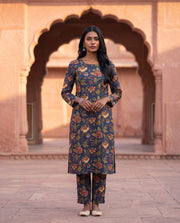 Blue Floral Printed Kurta And Pant Co-ord Set 2