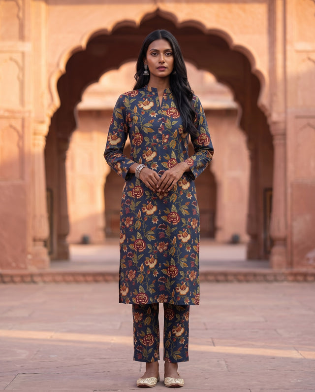 Blue Floral Printed Kurta And Pant Co-ord Set