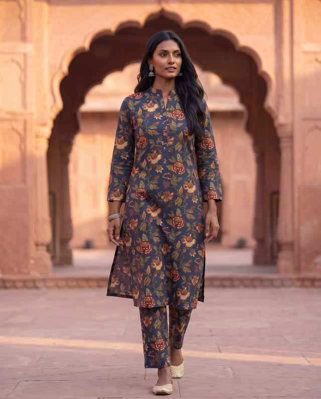 Blue Floral Printed Kurta And Pant Co-ord Set