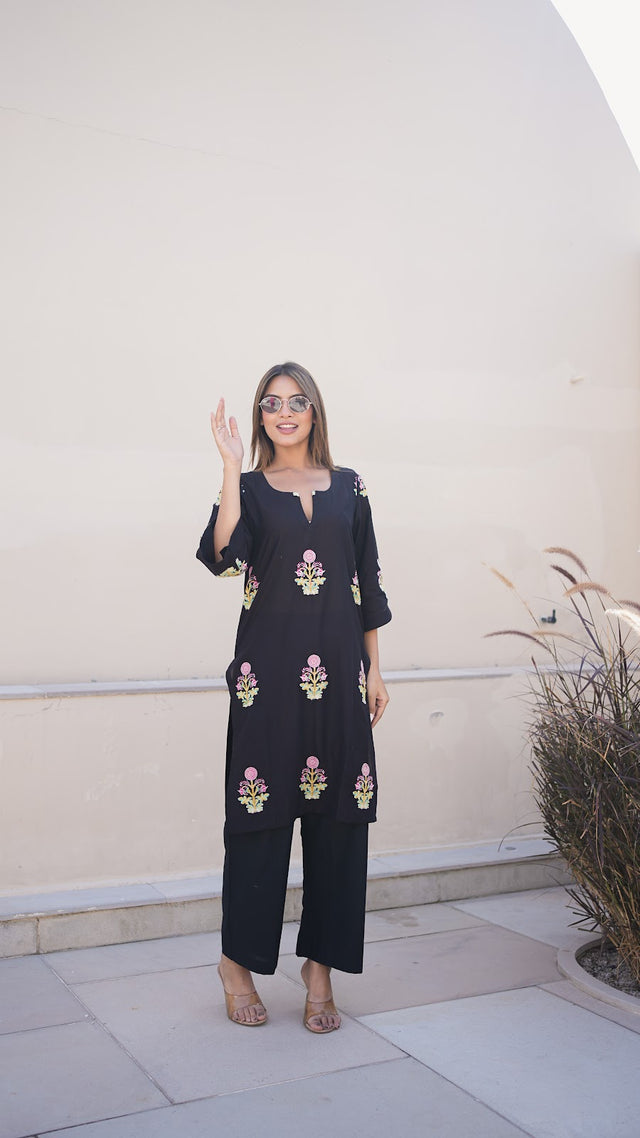 Black Flared Sleeve Flower Boota Cotton Co-ord Set