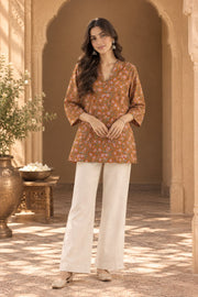 Lotus Brown Floral Print Short Kurti - front view