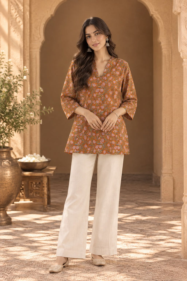 Lotus Brown Floral Print Short Kurti - front view