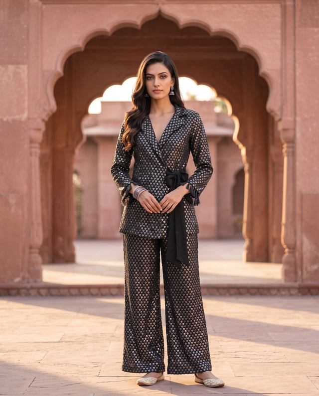 Black Sequin Embroidered Blazer Co-ord Set