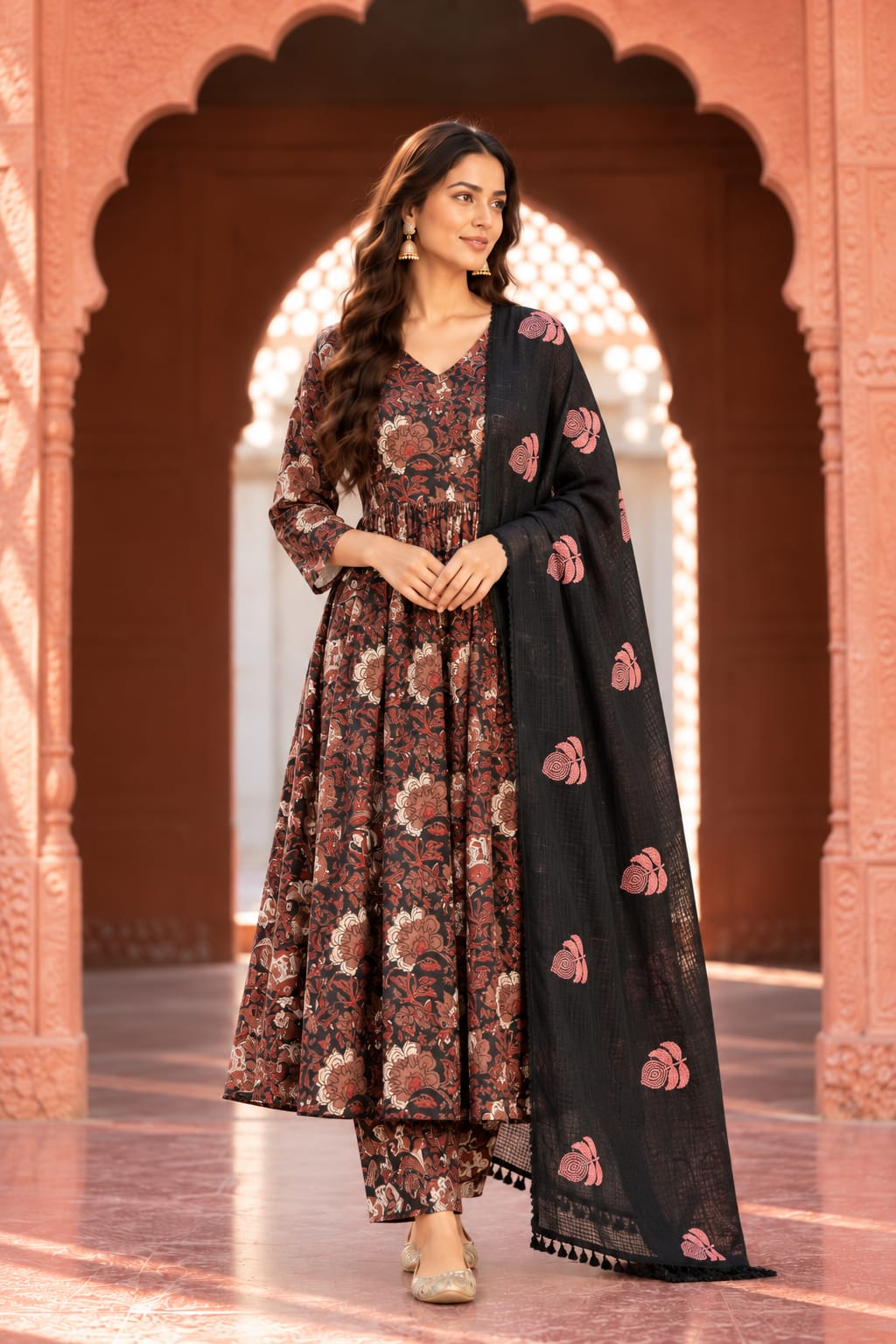 Acacia Black Floral Print Anarkali Set With Dupatta - front view