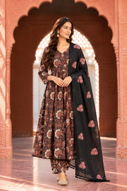 Acacia Black Floral Print Anarkali Set With Dupatta - front view