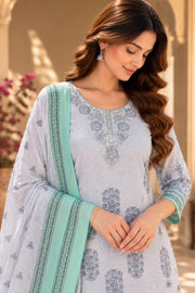 Grey And Mint Printed Pakistani Straight Suit Set - detail close-up
