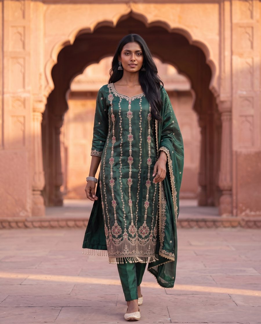 Rooprani Emerald Green Embroidered Kurta Set