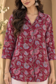 Anjali Wine Floral Print Shirt Co-ord Set - detail close-up
