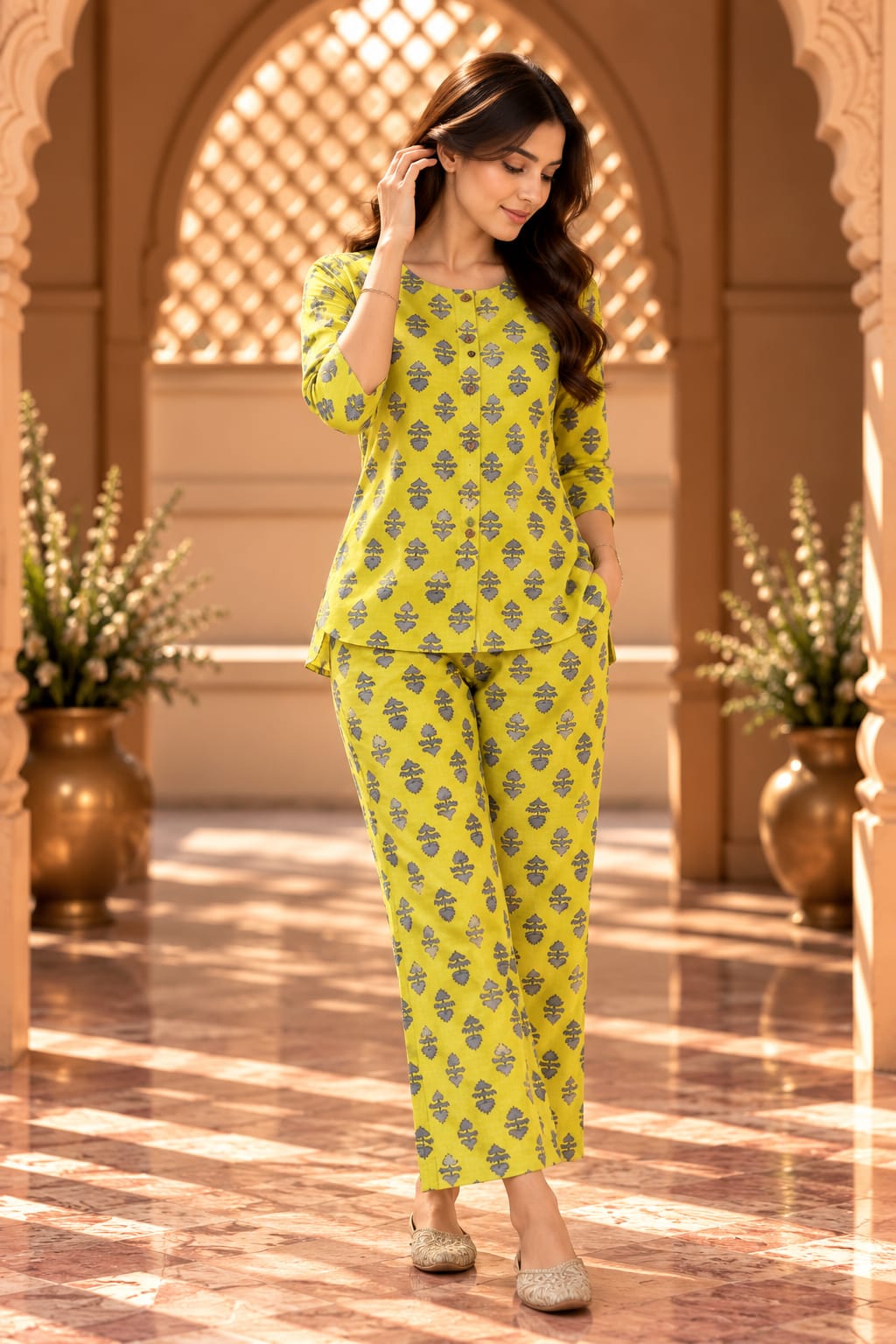 Nirali Yellow Block Print Co-ord Set - front view