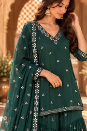 Bottle Green Mirror Work Sharara Set With Dupatta - detail close-up